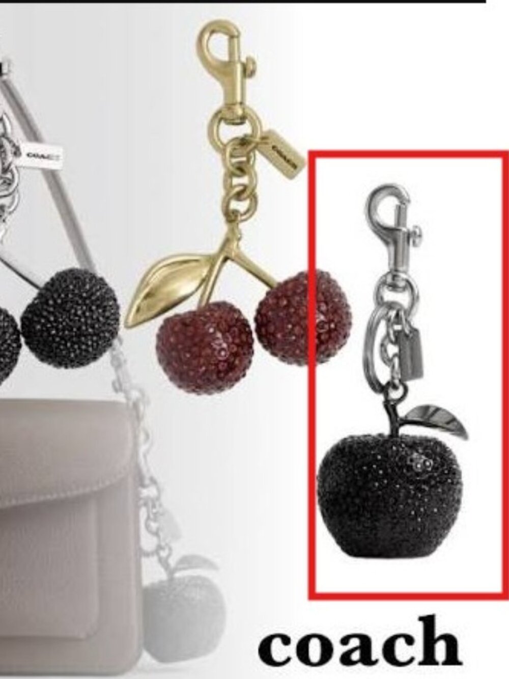 Coach Black Crystal Apple Bag Charm CCD29 - Purchase includes charm dust bag -